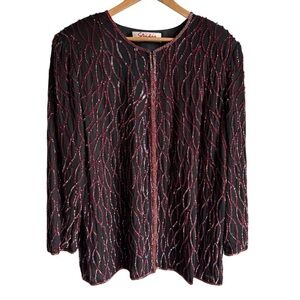 Vintage Sequin Evening Jacket Sz 1X Black Red Cocktail Party Sparkle Event EUC